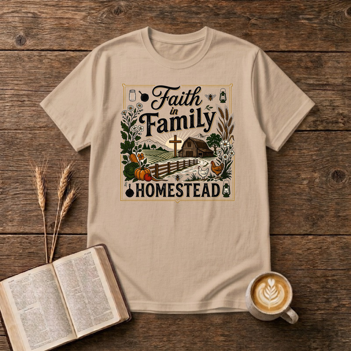 Faith in Family Homestead design with red barn, sunrise cross, fence and a garden harvest on a Natural unisex T-shirt