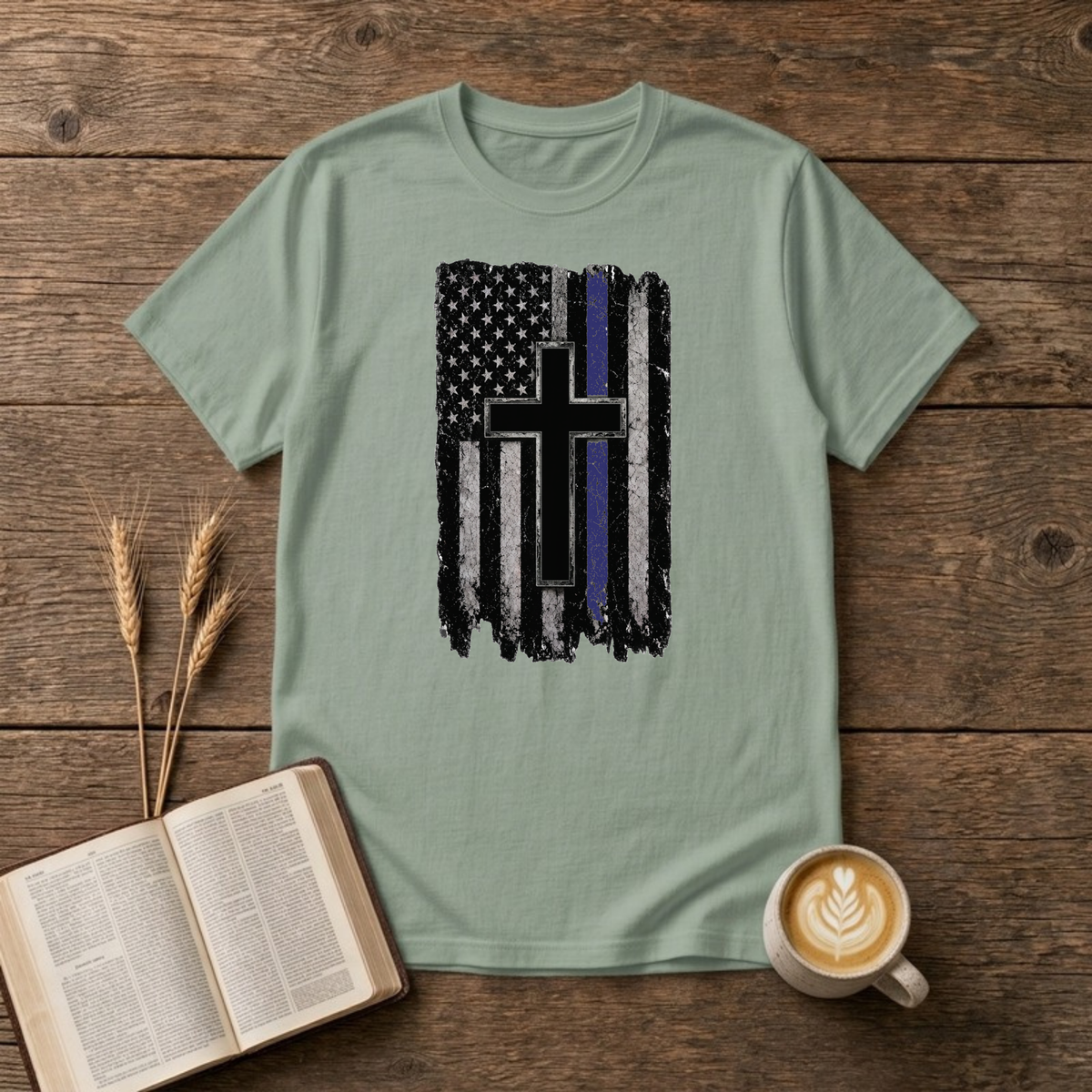 Thin Blue Line Flag with Cross T-Shirt, Sage, Lantrum