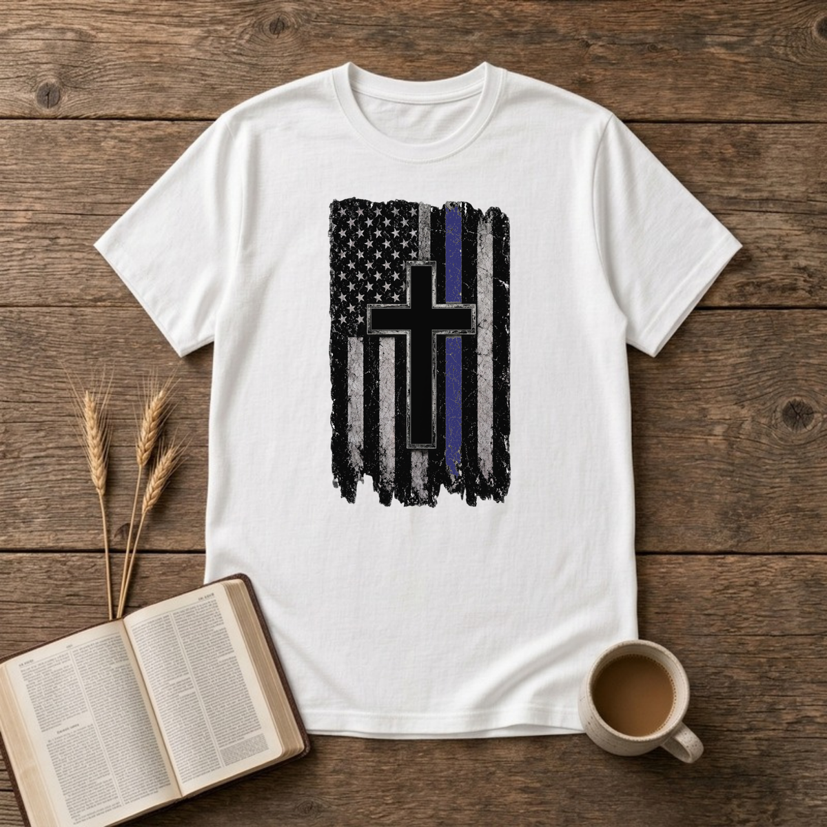 Thin Blue Line Flag with Cross T-Shirt, White, Lantrum