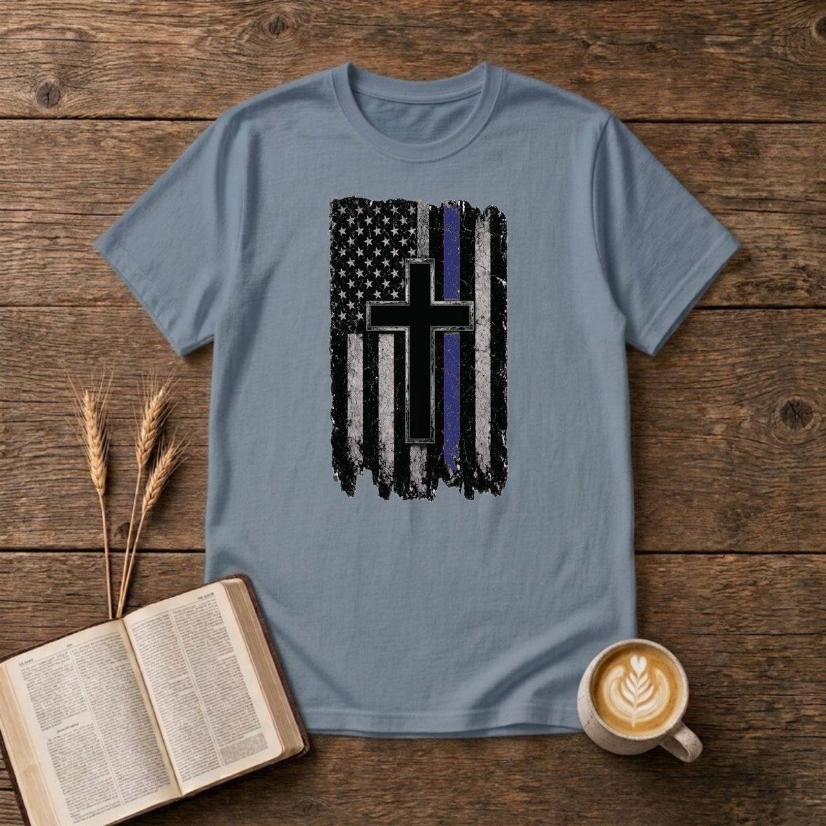 Thin Blue Line Flag with Cross T-Shirt, Stone Blue, Lantrum