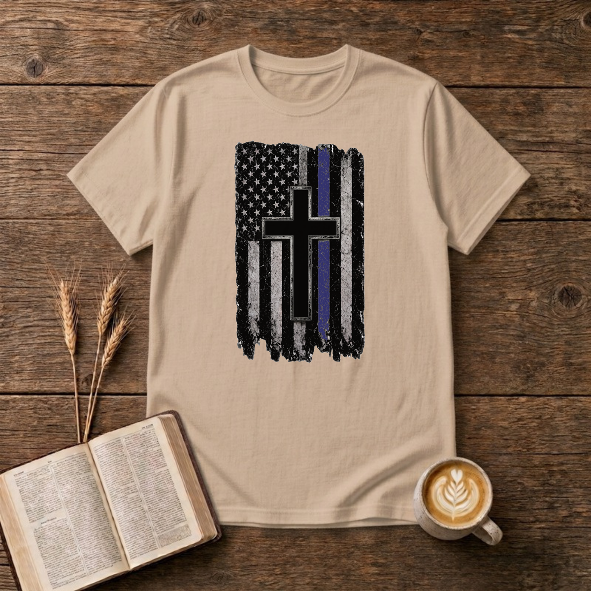 Thin Blue Line Flag with Cross T-Shirt, Natural, Lantrum