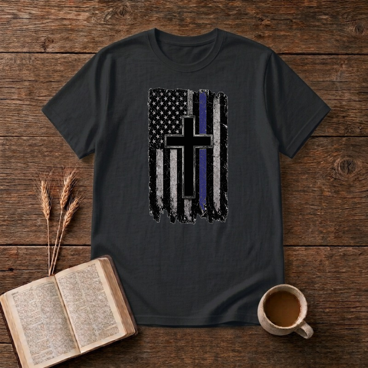 Thin Blue Line Flag with Cross T-Shirt, Black, Lantrum