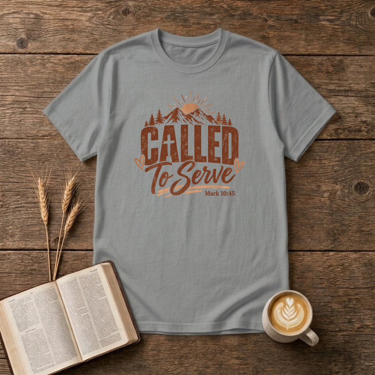 Called to Serve Mark 10:45 design with distressed lettering, a cross in the A and a mountain, pine and sunrise scene on a Sport Grey unisex T-Shirt