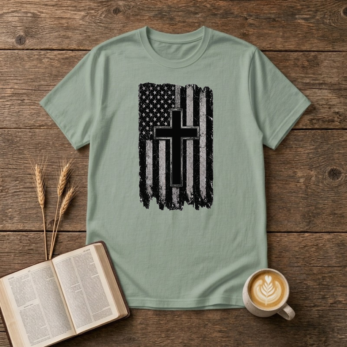 Distressed American Flag Cross T-Shirt, Sage, Lantrum