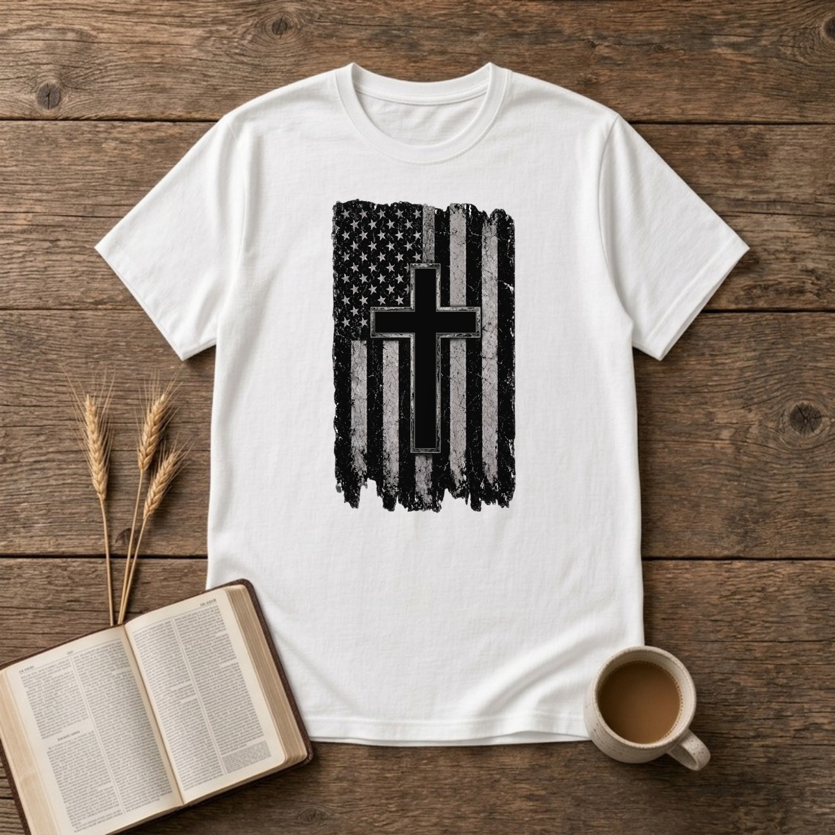 Distressed American Flag Cross T-Shirt, White, Lantrum