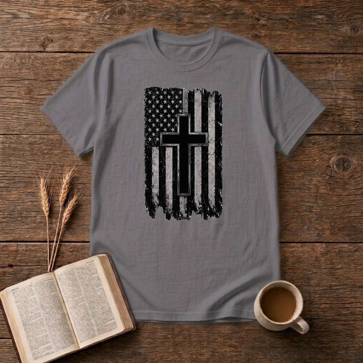 Distressed American Flag Cross T-Shirt, Charcoal, Lantrum