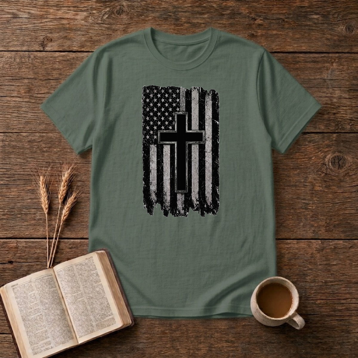 Distressed American Flag Cross T-Shirt, Military Green, Lantrum