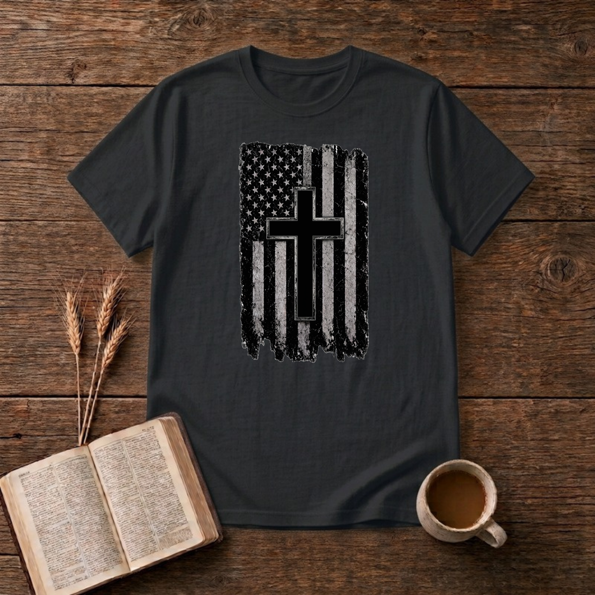 Distressed American Flag Cross T-Shirt, Black, Lantrum