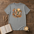 Ducks at Sunset design with three mallard ducks in flight over autumn leaves, golden reeds and a sunset on a Sport Grey unisex T-Shirt