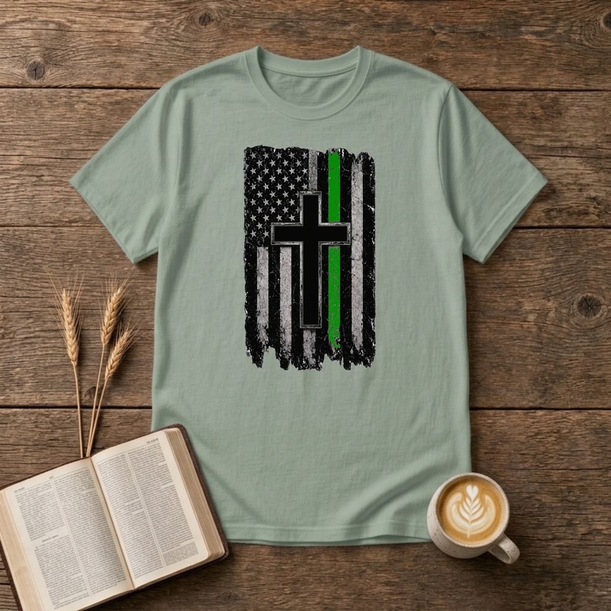 Distressed Green Line Flag Cross T-Shirt, Sage, Lantrum