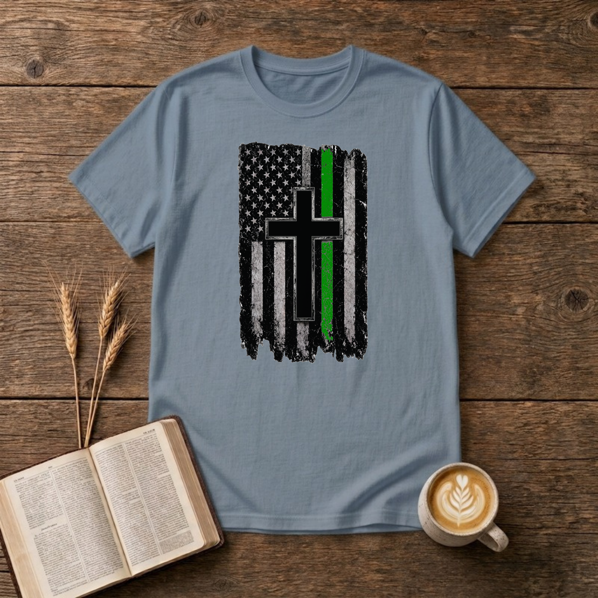 Distressed Green Line Flag Cross T-Shirt, Stone Blue, Lantrum