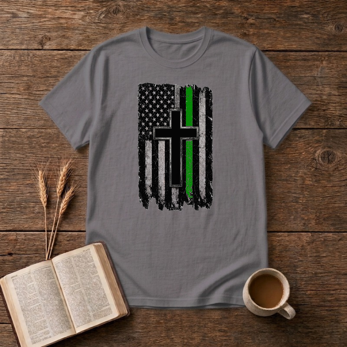 Distressed Green Line Flag Cross T-Shirt, Charcoal, Lantrum