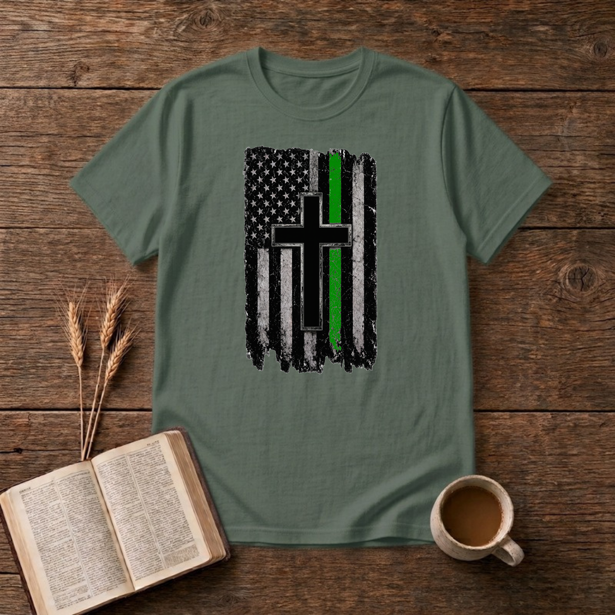 Distressed Green Line Flag Cross T-Shirt, Military Green, Lantrum