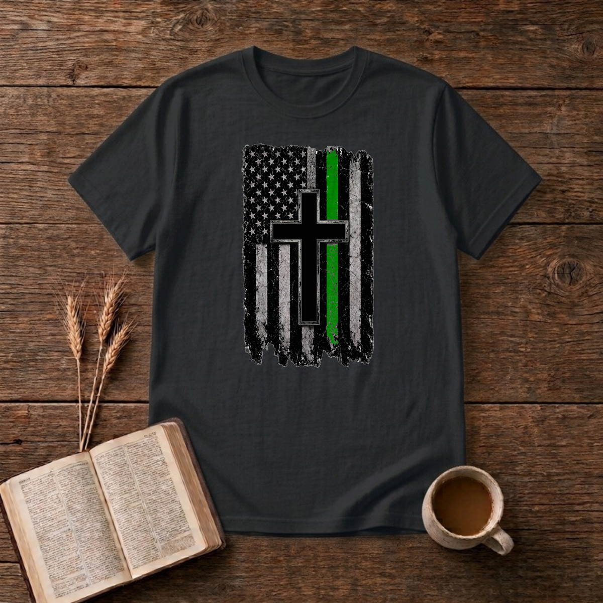 Distressed Green Line Flag Cross T-Shirt, Black, Lantrum