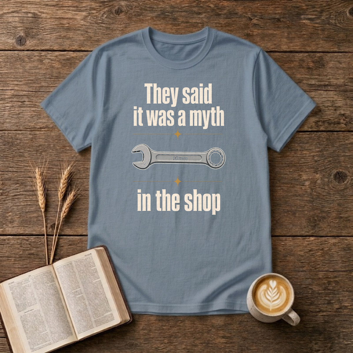 Myth In The Shop Funny Mechanic 10mm Wrench T-Shirt, Stone Blue, Lantrum