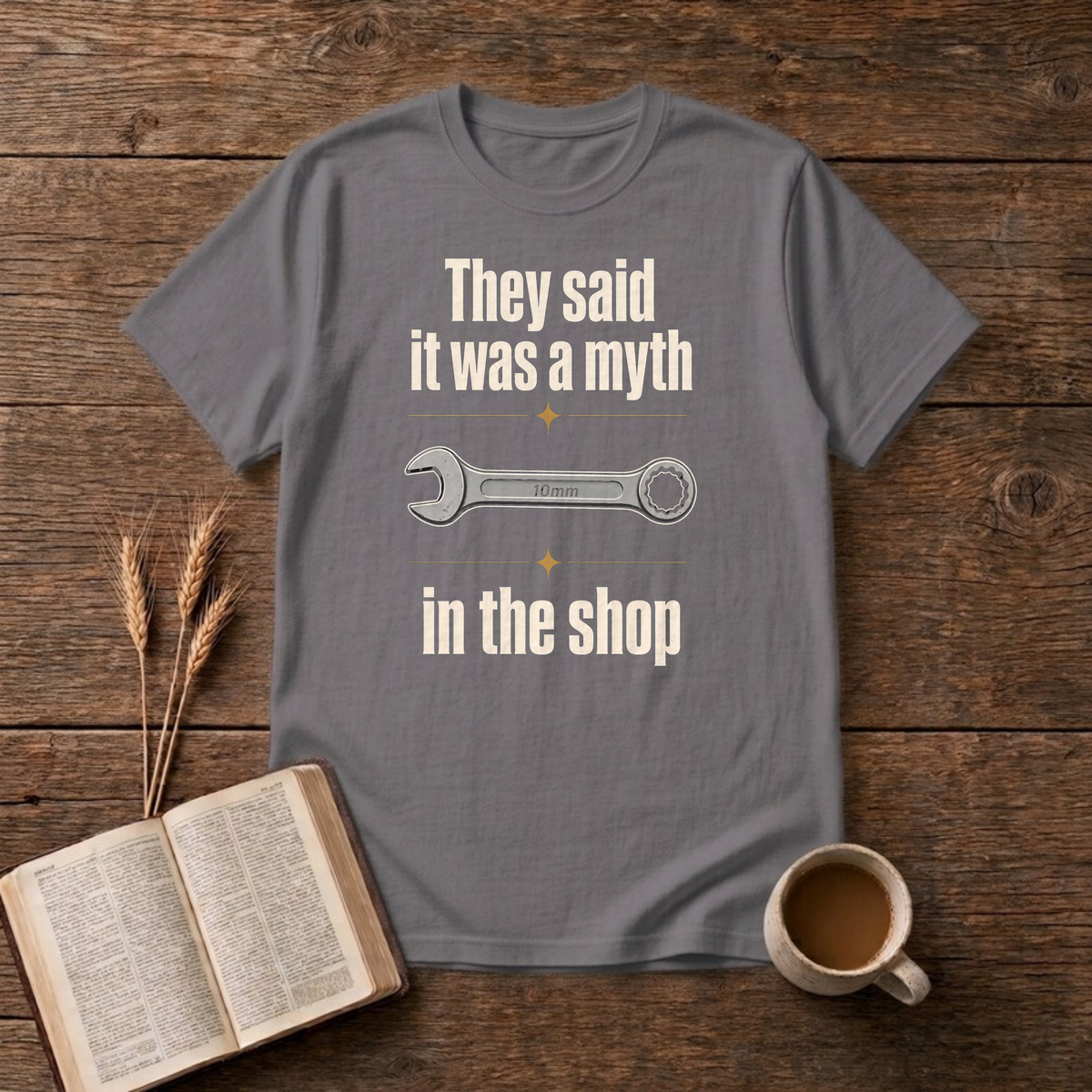 Myth In The Shop Funny Mechanic 10mm Wrench T-Shirt, Charcoal, Lantrum