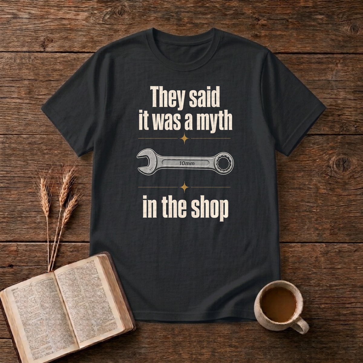 Myth In The Shop Funny Mechanic 10mm Wrench T-Shirt, Black, Lantrum