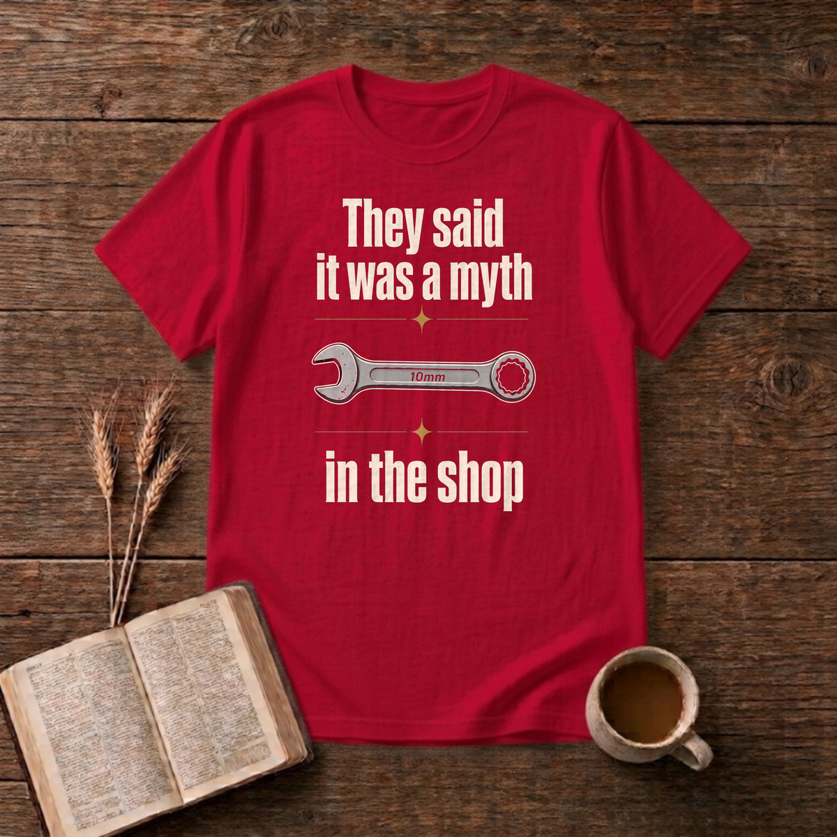Myth In The Shop Funny Mechanic 10mm Wrench T-Shirt, Red, Lantrum