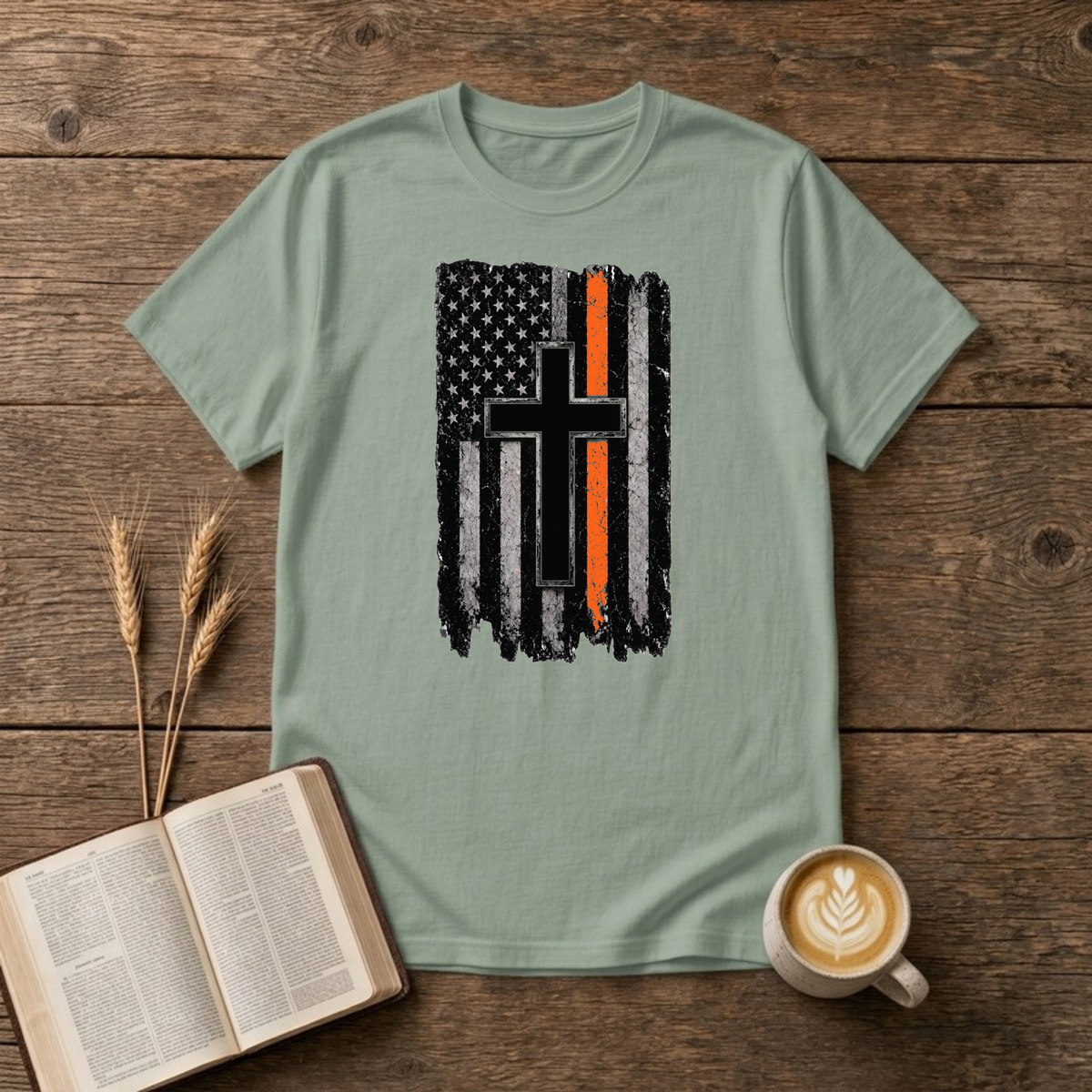 Thin Orange Line American Flag with Cross T-Shirt, Sage, Lantrum