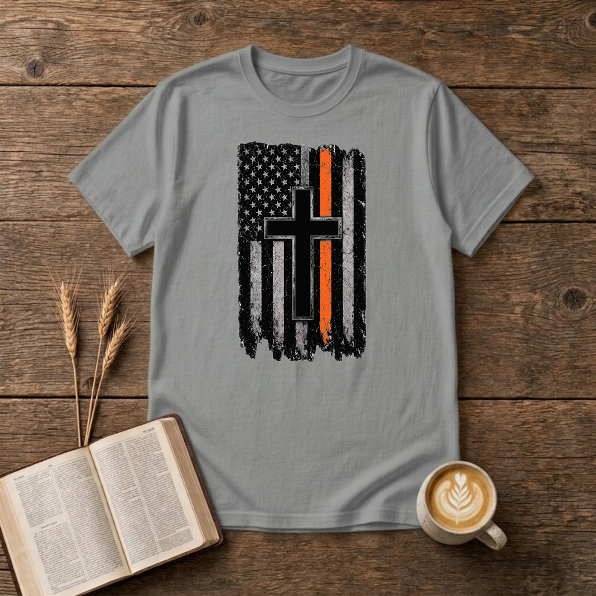 Thin Orange Line American Flag with Cross T-Shirt, Sport Grey, Lantrum