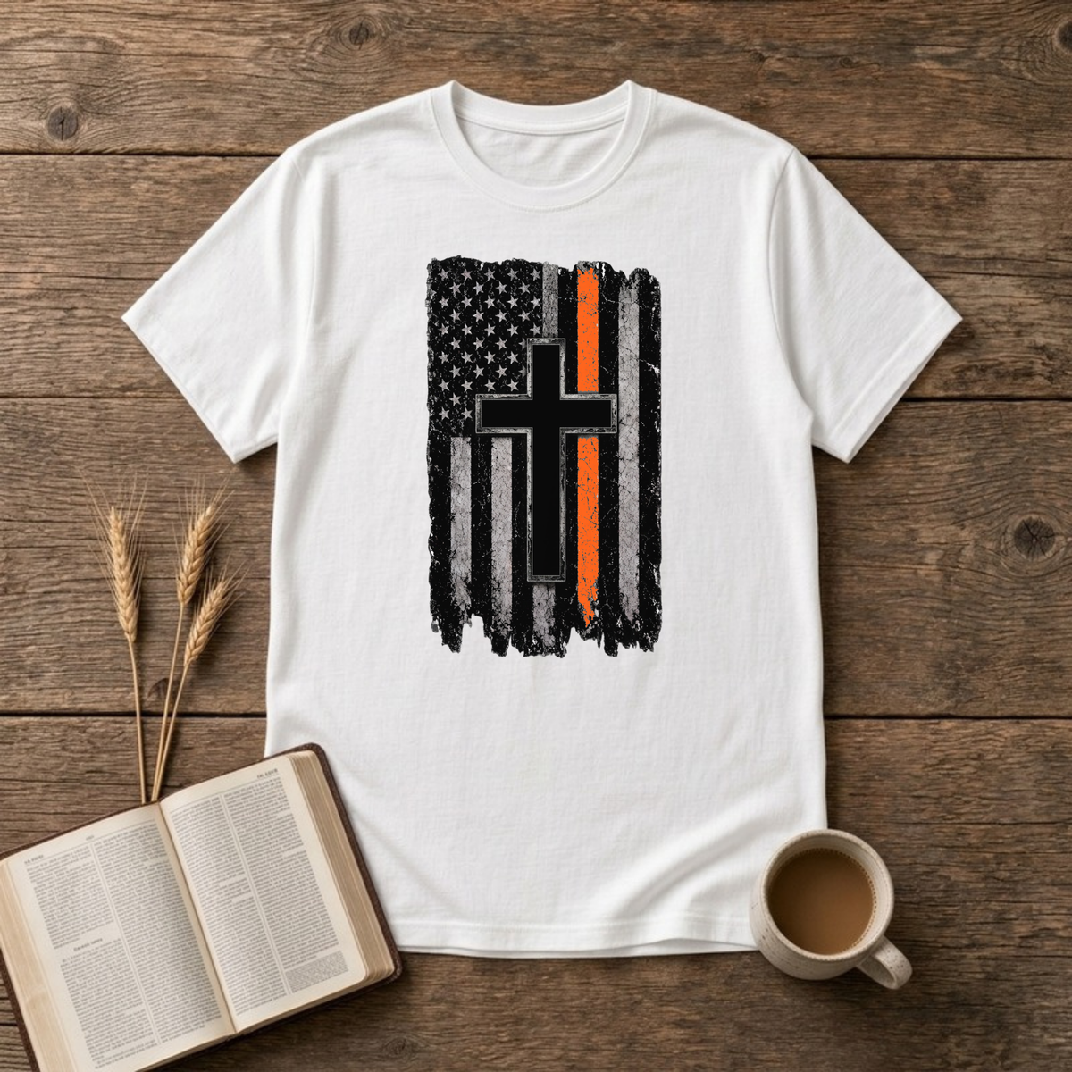 Thin Orange Line American Flag with Cross T-Shirt, White, Lantrum