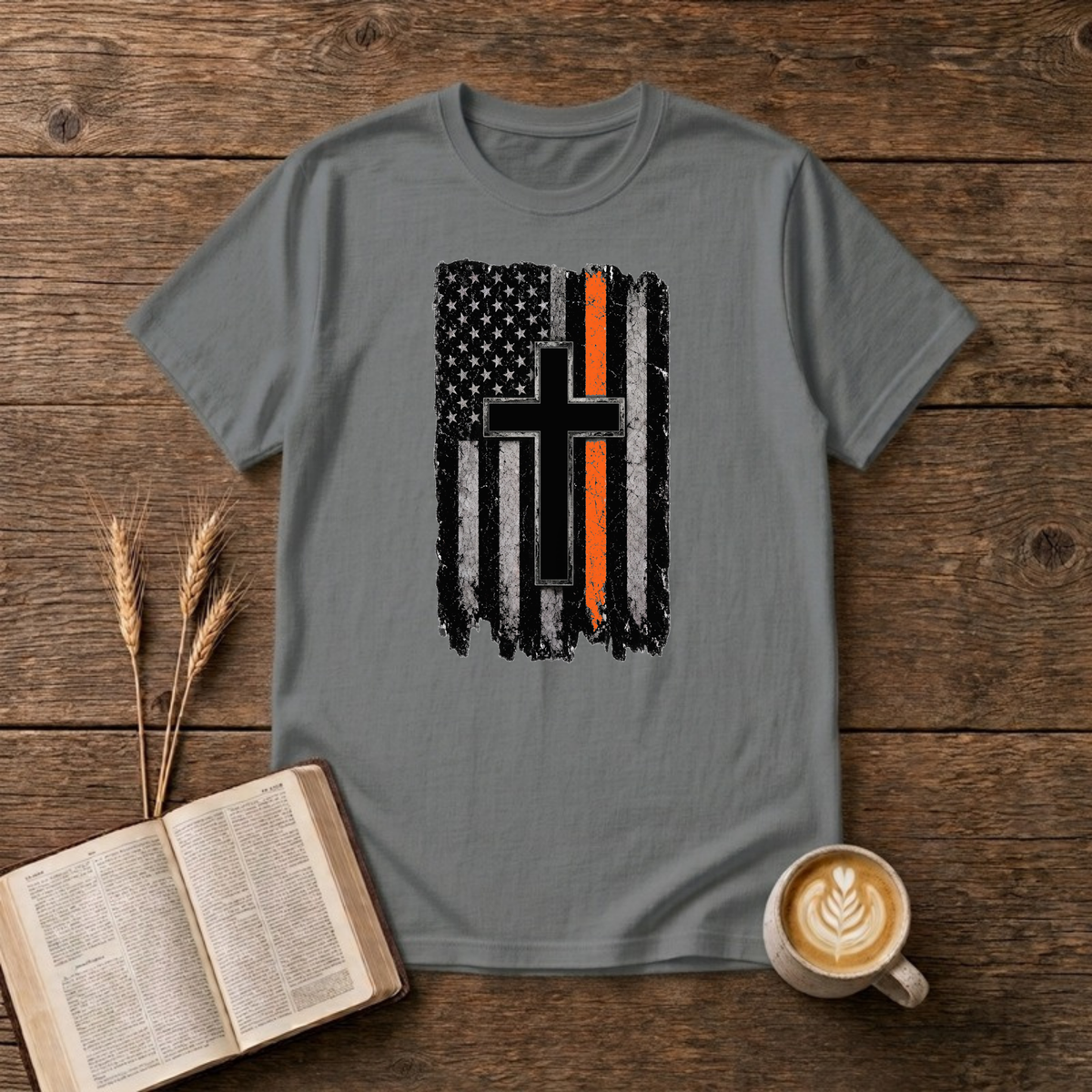 Thin Orange Line American Flag with Cross T-Shirt, Graphite Heather, Lantrum