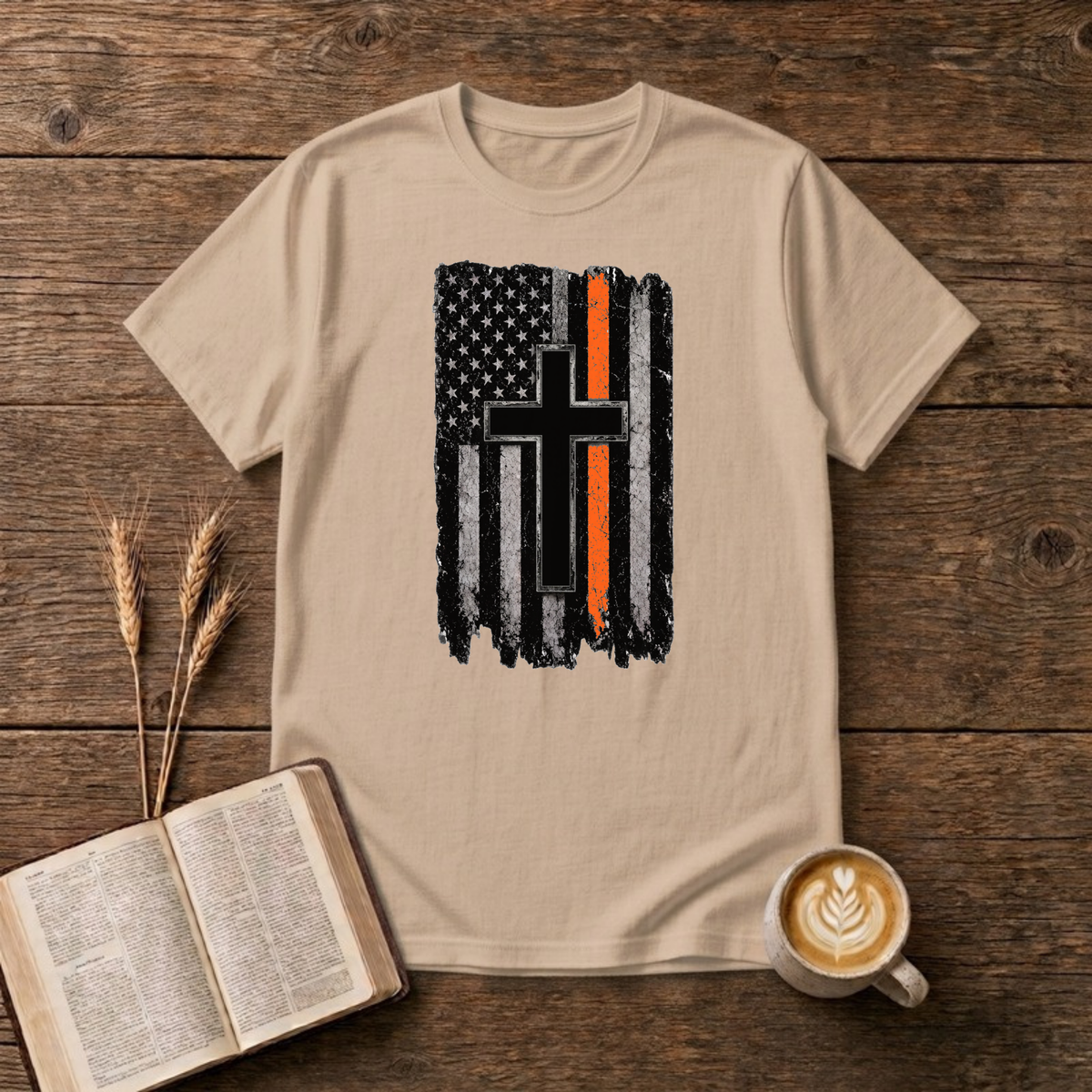 Thin Orange Line American Flag with Cross T-Shirt, Natural, Lantrum