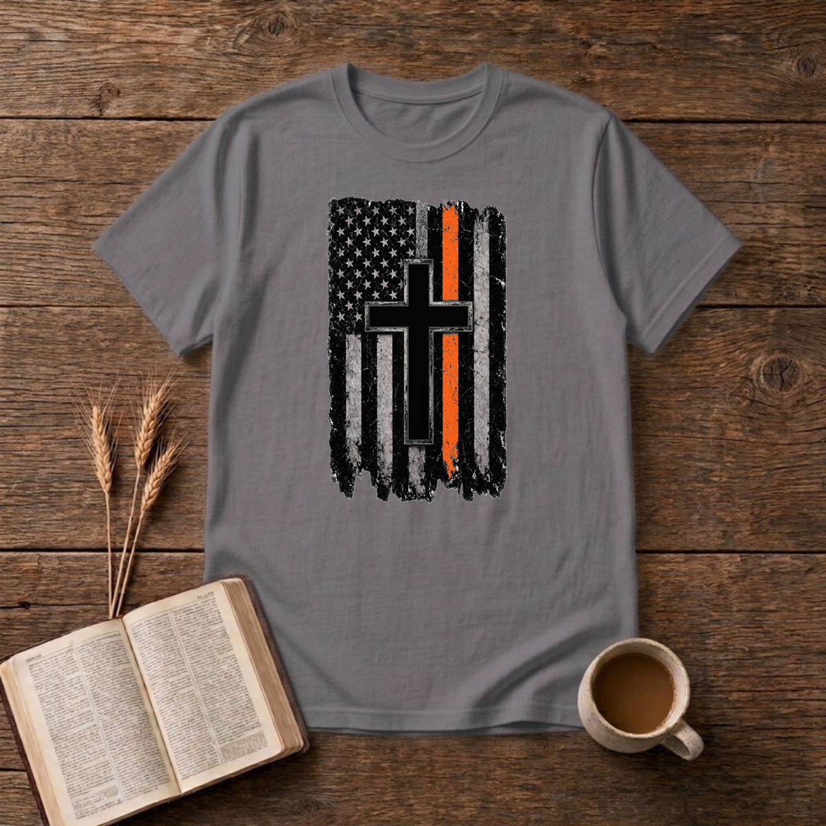 Thin Orange Line American Flag with Cross T-Shirt, Charcoal, Lantrum