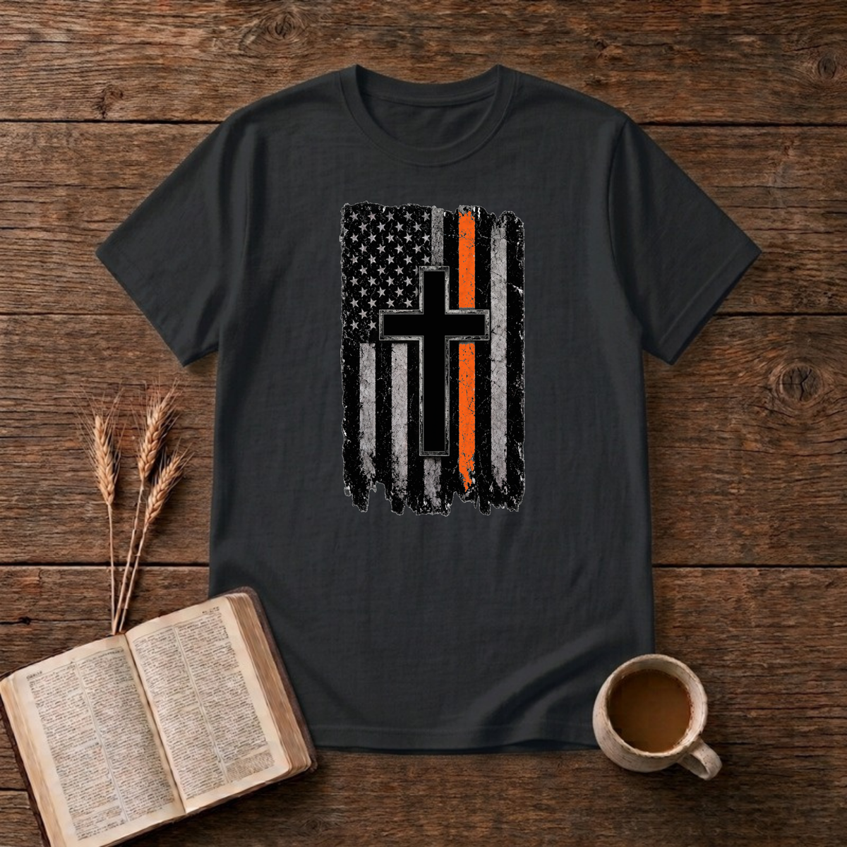 Thin Orange Line American Flag with Cross T-Shirt, Black, Lantrum