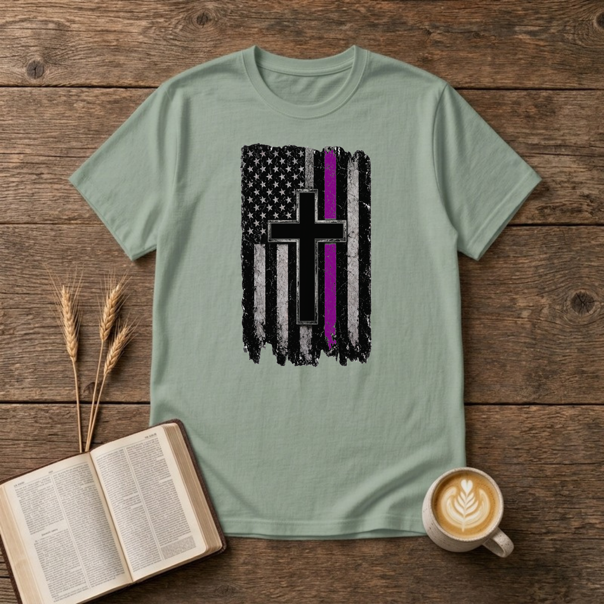 Thin Purple Line American Flag Cross T-Shirt, Sage, Lantrum