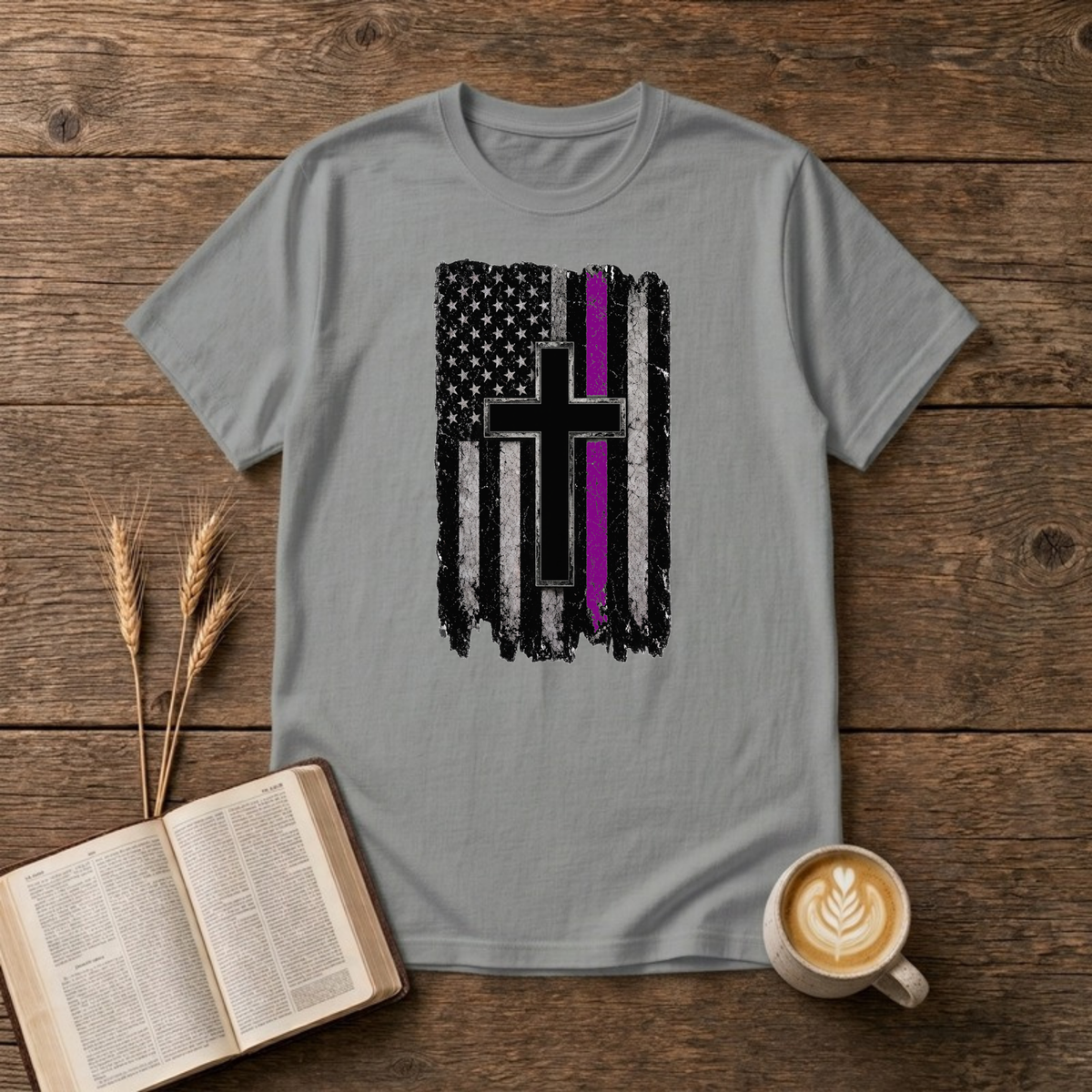 Thin Purple Line American Flag Cross T-Shirt, Sport Grey, Lantrum