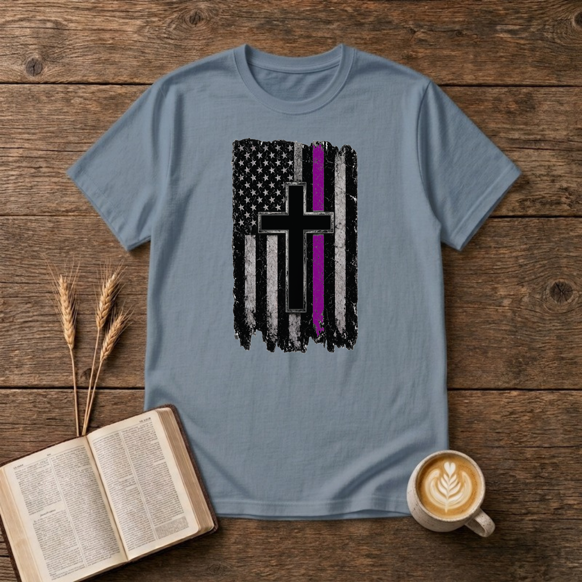 Thin Purple Line American Flag Cross T-Shirt, Stone Blue, Lantrum