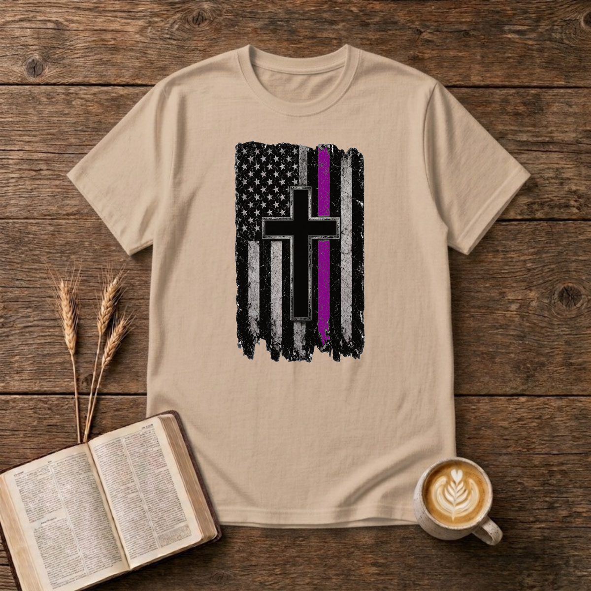 Thin Purple Line American Flag Cross T-Shirt, Natural, Lantrum