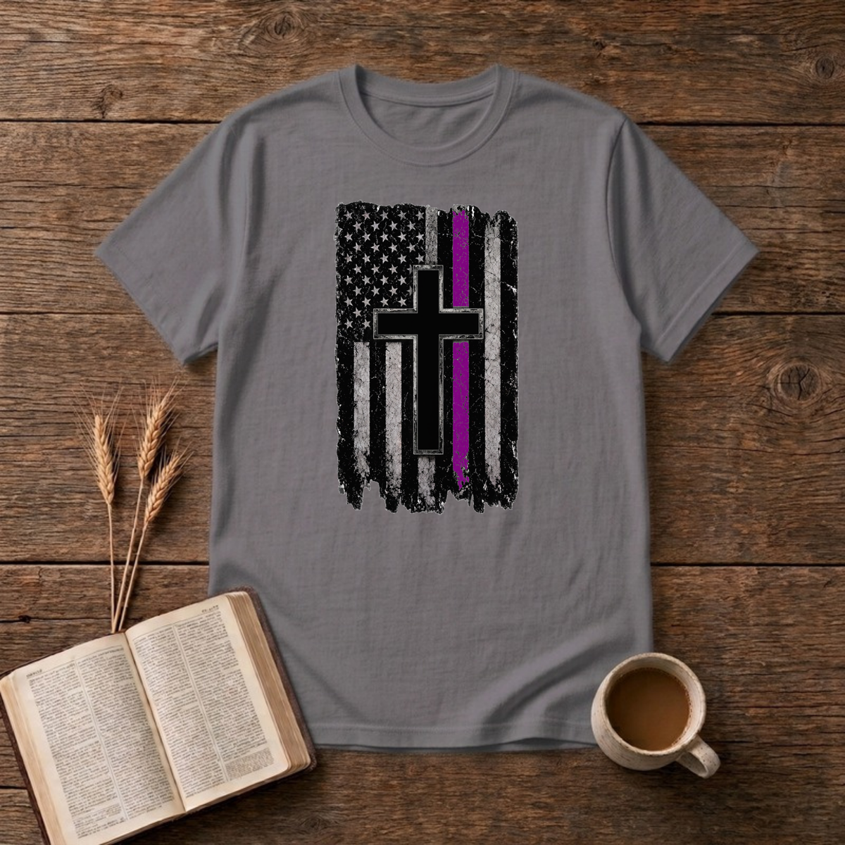 Thin Purple Line American Flag Cross T-Shirt, Charcoal, Lantrum