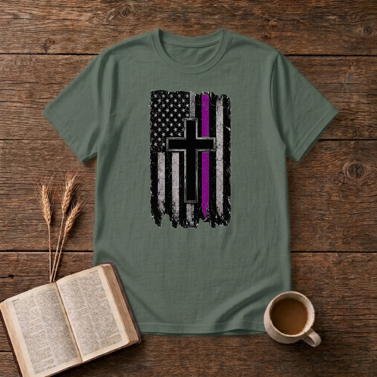 Thin Purple Line American Flag Cross T-Shirt, Military Green, Lantrum