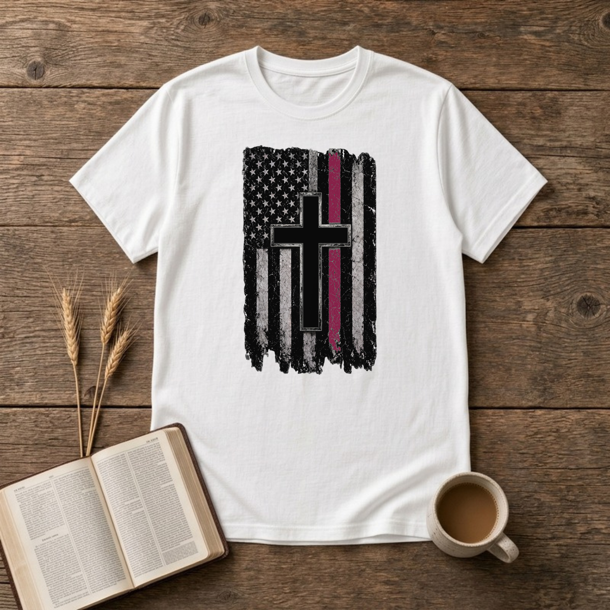 Distressed Thin Red Line American Flag Cross T-Shirt, White, Lantrum