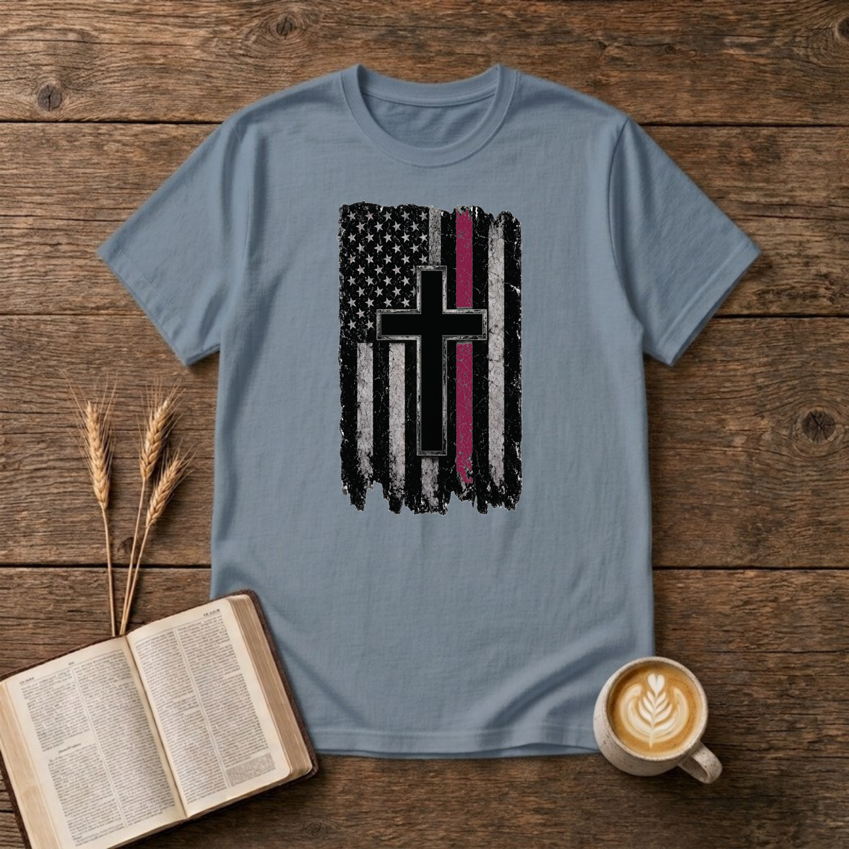 Distressed Thin Red Line American Flag Cross T-Shirt, Stone Blue, Lantrum