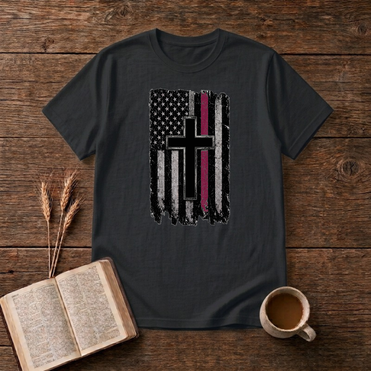 Distressed Thin Red Line American Flag Cross T-Shirt, Black, Lantrum
