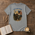 Rooted. Raised. Redeemed. mountain scene with a hiker, cross, waving flag and eagle on a Sport Grey unisex T-Shirt