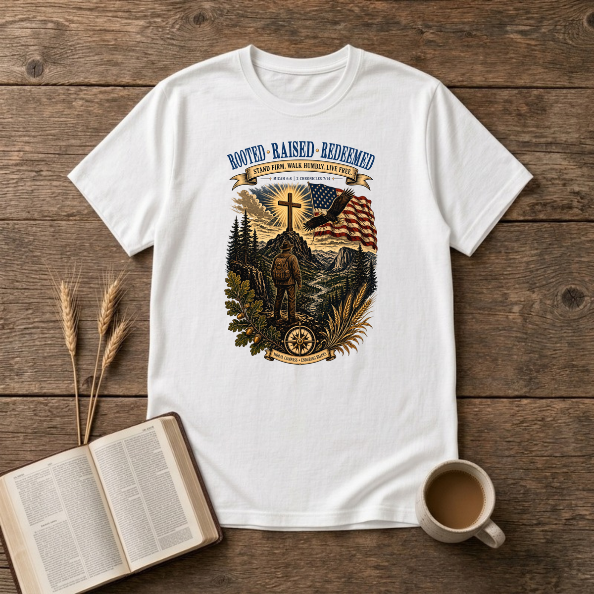 Rooted. Raised. Redeemed. mountain scene with a hiker, cross, waving flag and eagle on a White unisex T-Shirt