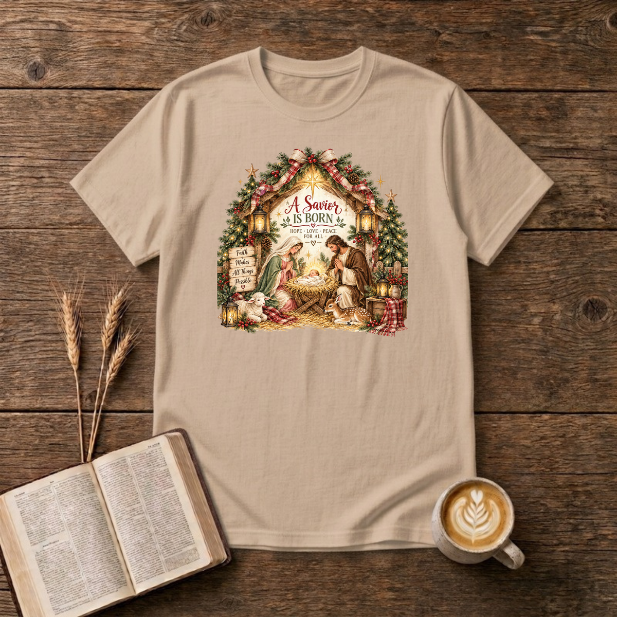 A Savior Is Born manger nativity design of Mary, Joseph and baby Jesus in a wooden stable with a lamb, lanterns and Christmas trees on a Natural unisex T-Shirt