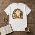 A Savior Is Born manger nativity design of Mary, Joseph and baby Jesus in a wooden stable with a lamb, lanterns and Christmas trees on a White unisex T-Shirt