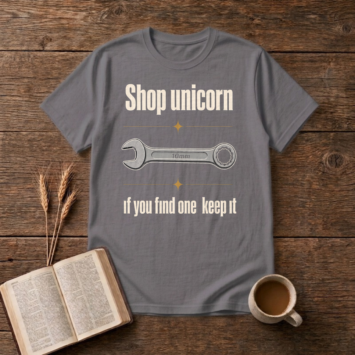 Shop Unicorn Funny Mechanic 10mm Wrench T-Shirt, Charcoal, Lantrum