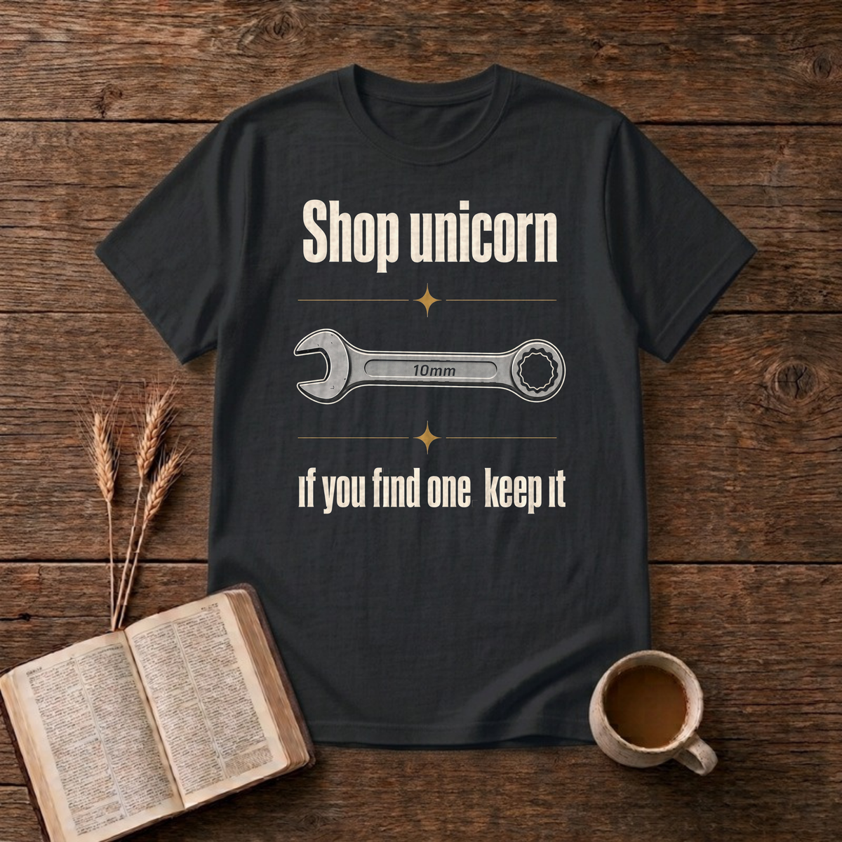 Shop Unicorn Funny Mechanic 10mm Wrench T-Shirt, Black, Lantrum