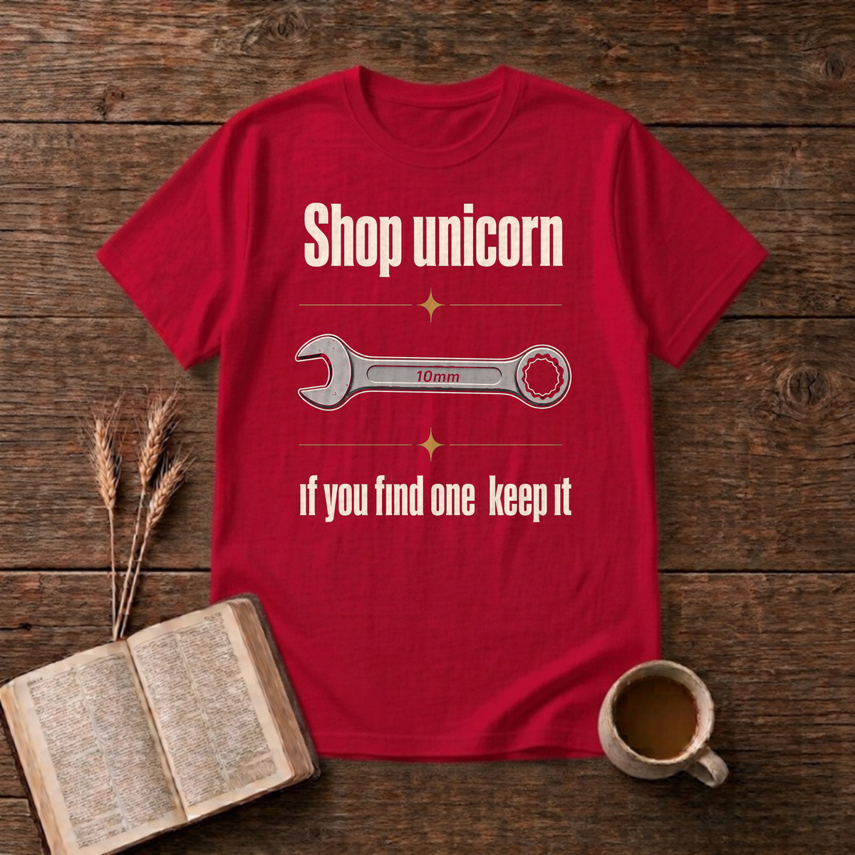 Shop Unicorn Funny Mechanic 10mm Wrench T-Shirt, Red, Lantrum