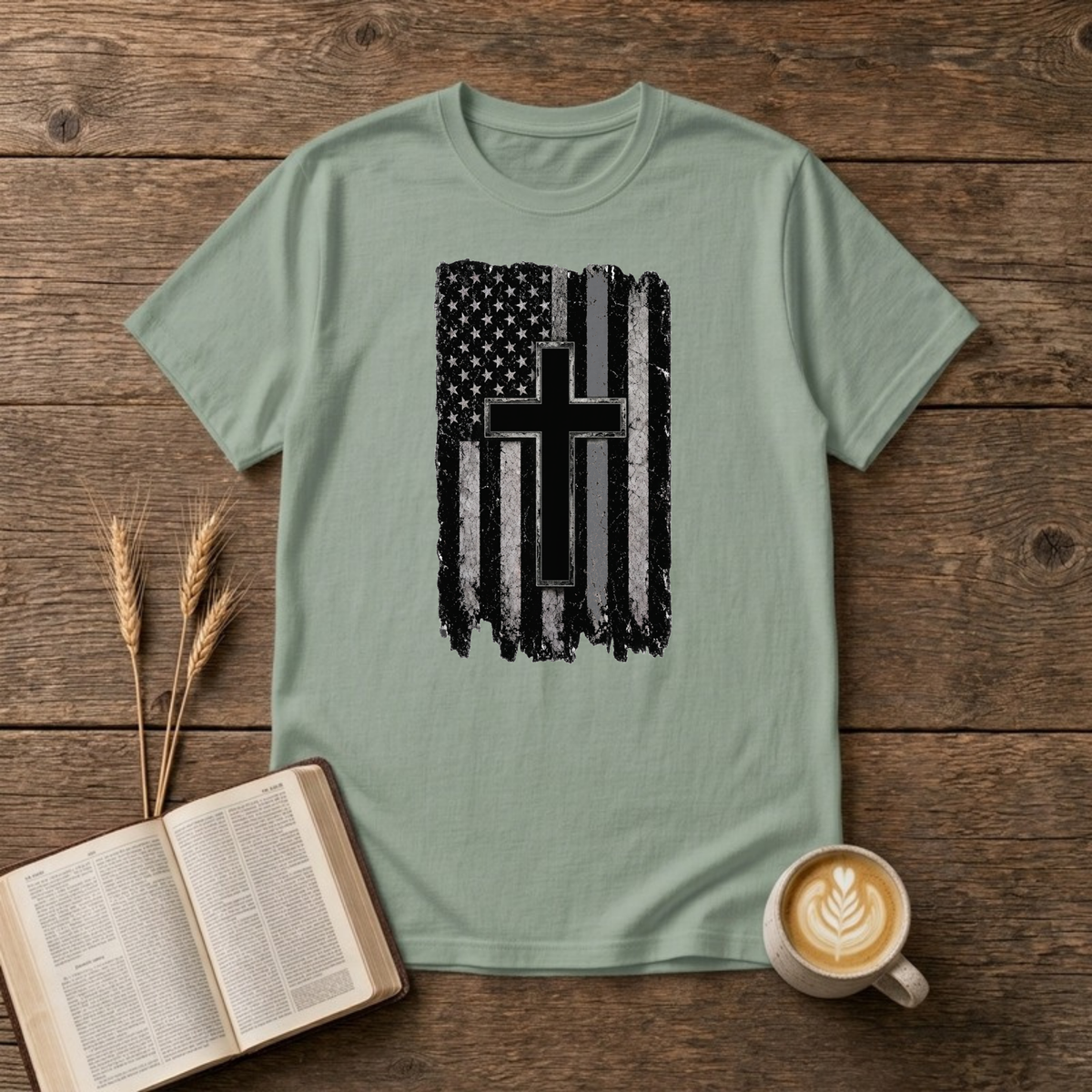 American Flag Cross Gray Line T-Shirt, Sage, Lantrum