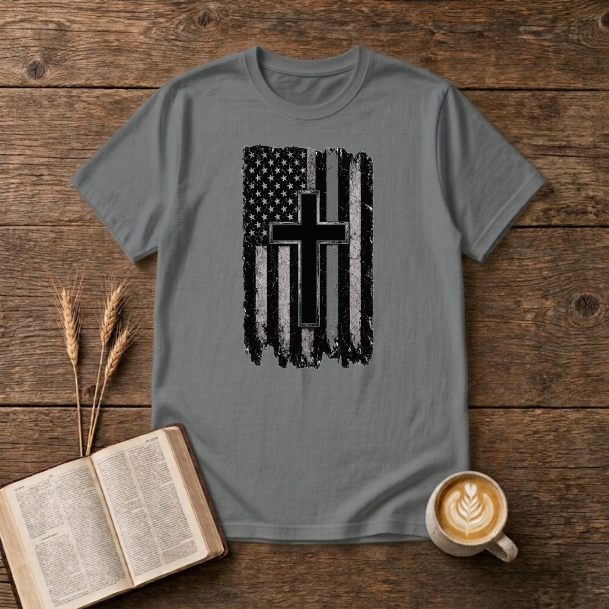 American Flag Cross Gray Line T-Shirt, Graphite Heather, Lantrum