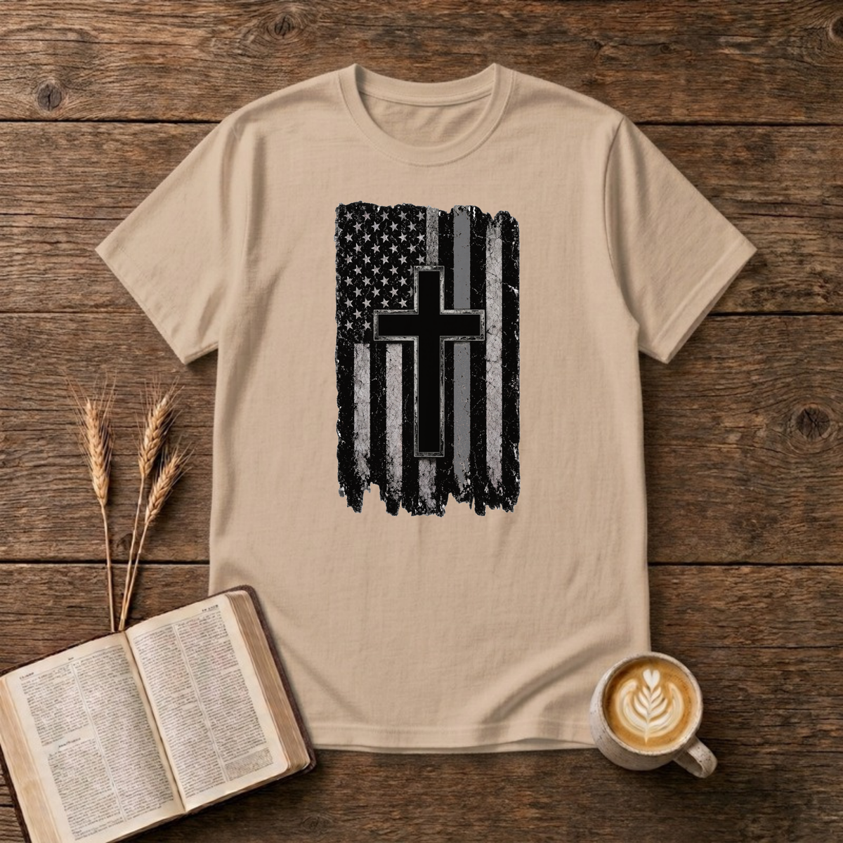 American Flag Cross Gray Line T-Shirt, Natural, Lantrum