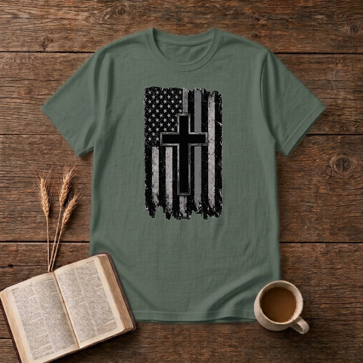 American Flag Cross Gray Line T-Shirt, Military Green, Lantrum