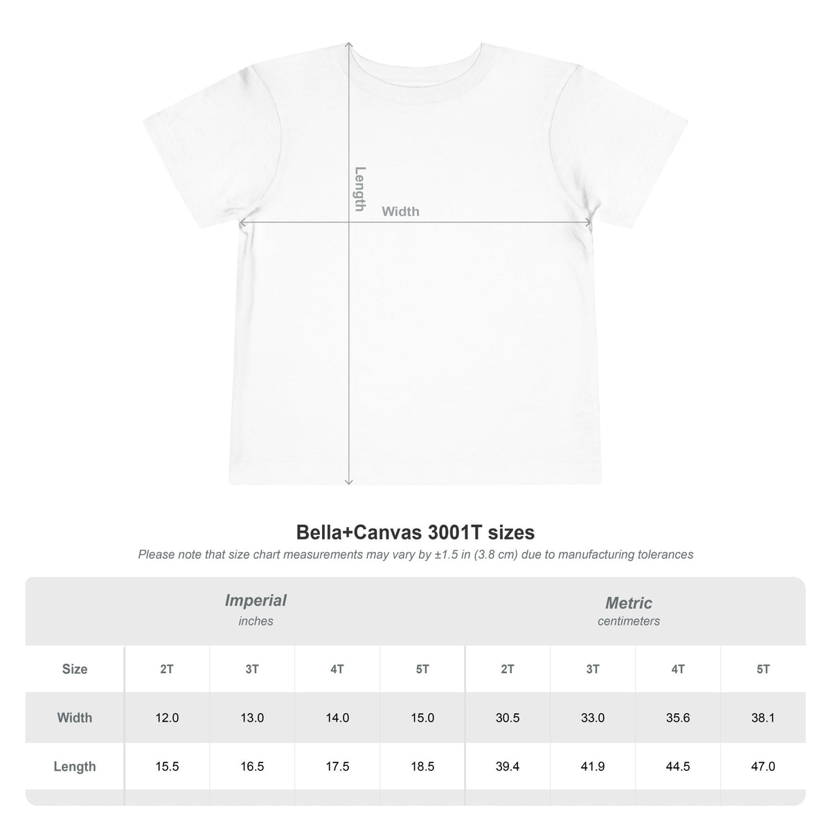Bella+Canvas 3001T toddler T-Shirt size chart, sizes 2T–5T